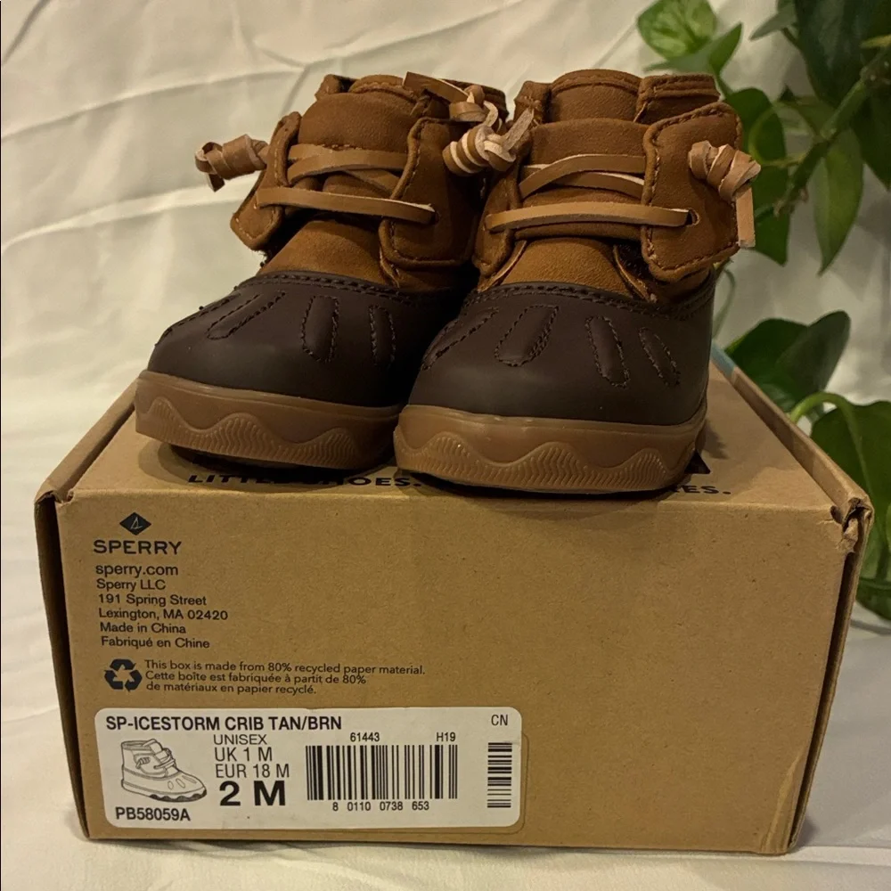 NWT Sperry Baby Size 2 Icestorm Crib Shoes Duck Boot Brown & Tan - Unisex (ABBA)